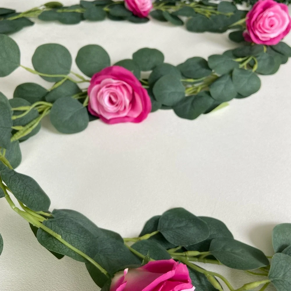 2 count Fuchsia Hot Pink Rose Eucalyptus Garlands 6 feet